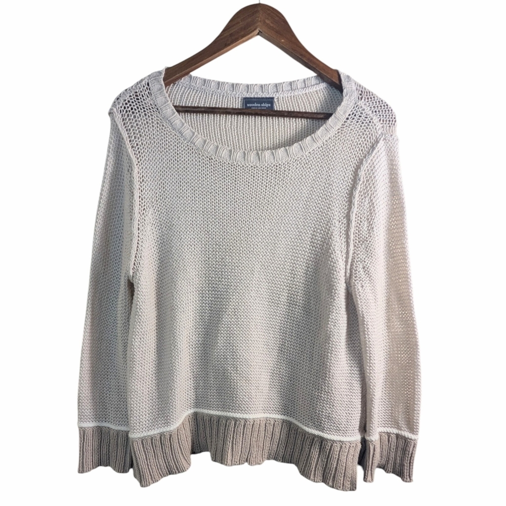 Wooden Ships Coastal Beachy Tan Colorblock Knit Pullover Sweater S/M